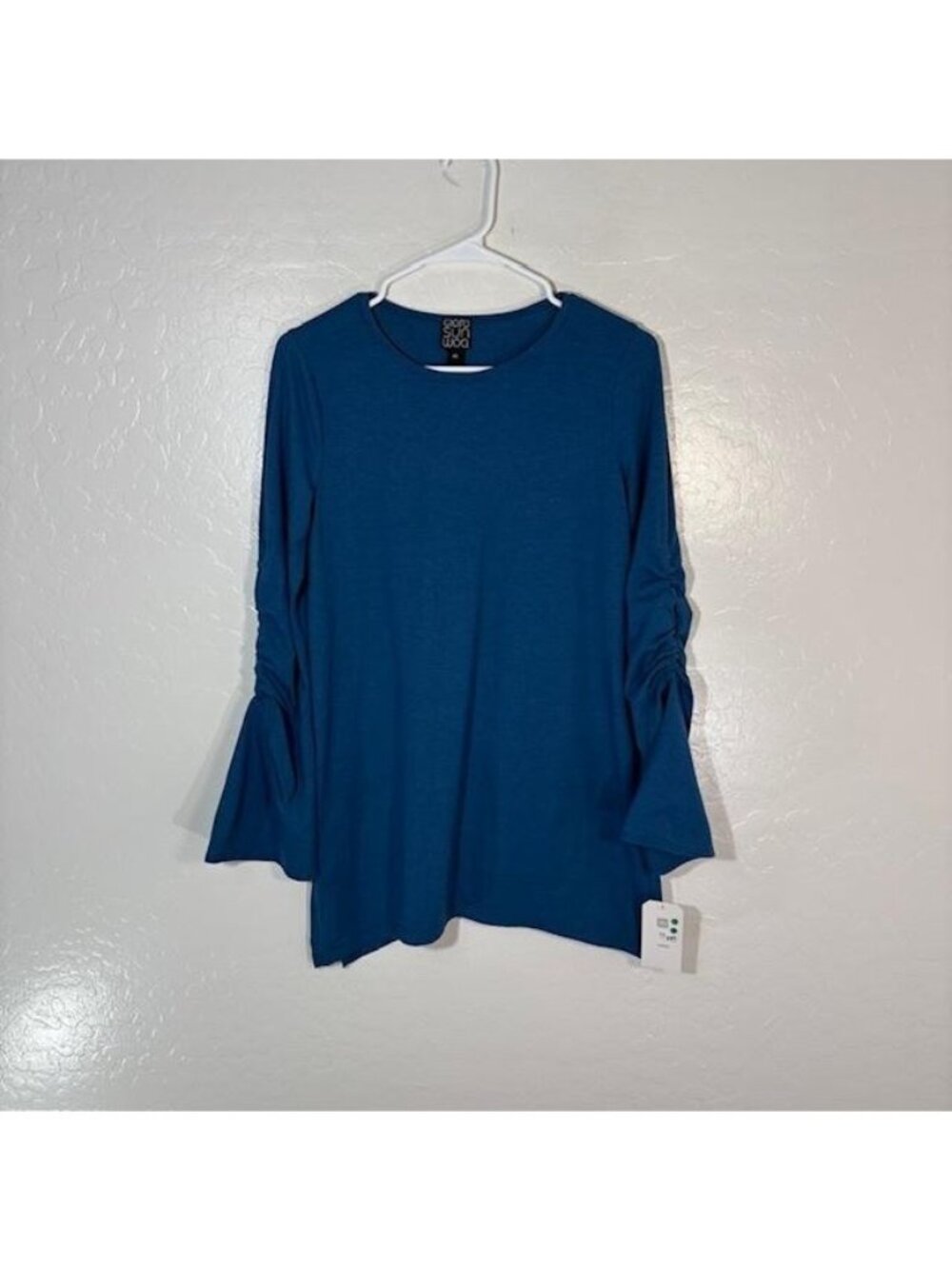 Clara Sunwoo Shirt Womens XS Teal Tie Cuff Bell Sleeve Made in USA NWT TU45MG